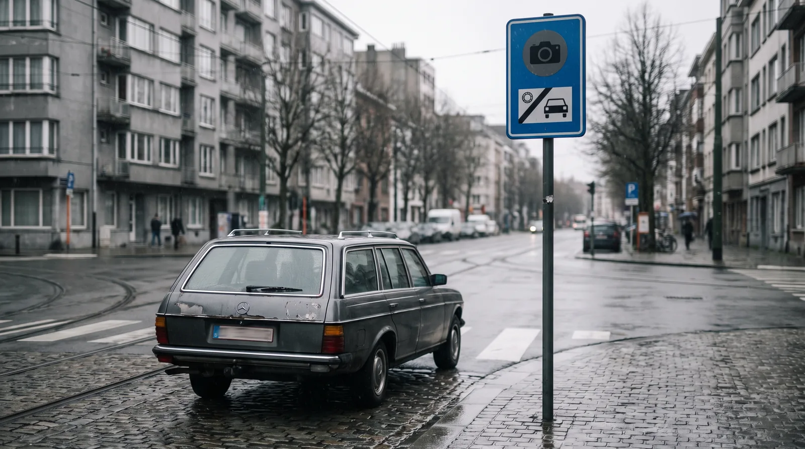 Diesel ancien devant un panneau LEZ